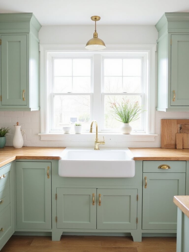 Serene sage green kitchen with natural wood accents and farmhouse sink.