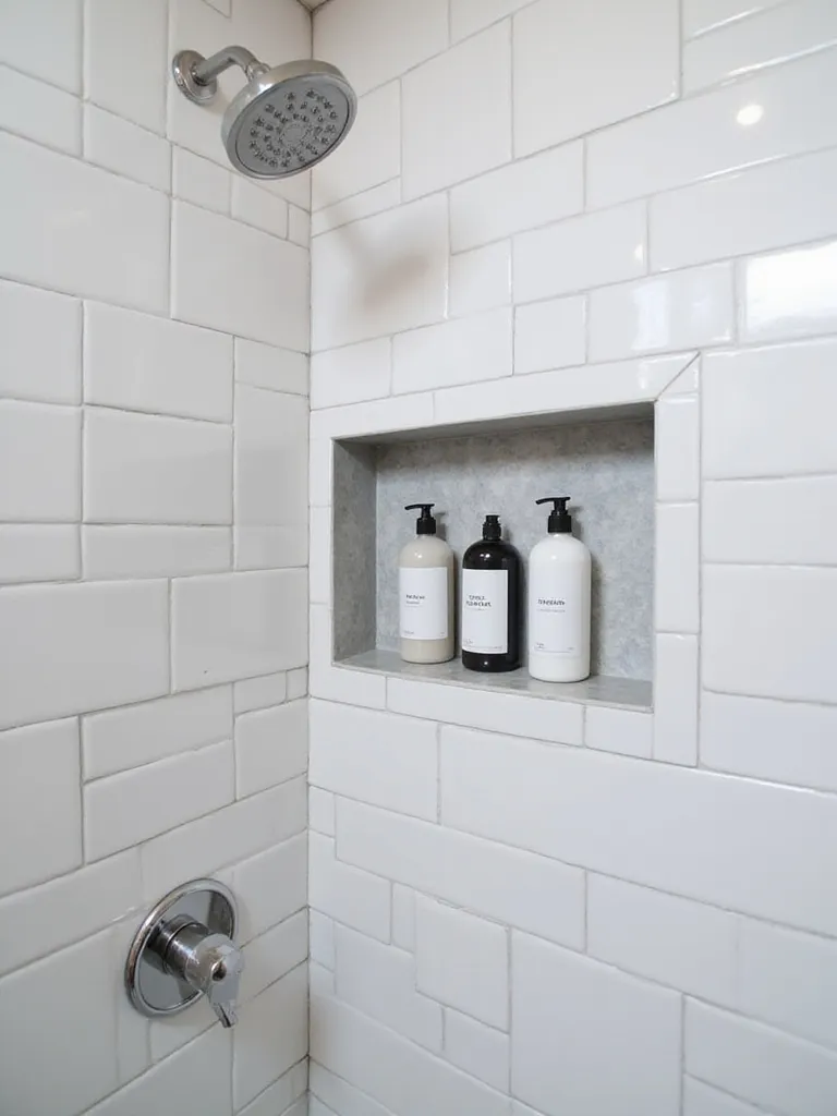 Modern shower with recessed niche for shampoo and shower product storage