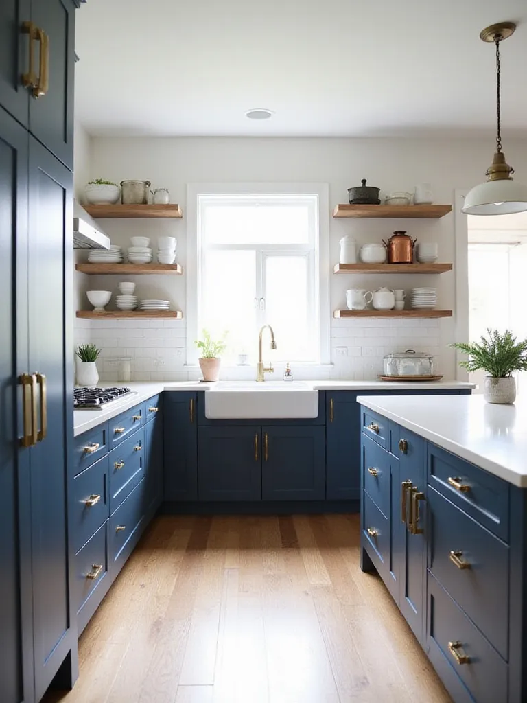 Modern farmhouse kitchen featuring a mix of dark blue closed cabinets and natural wood open shelving.