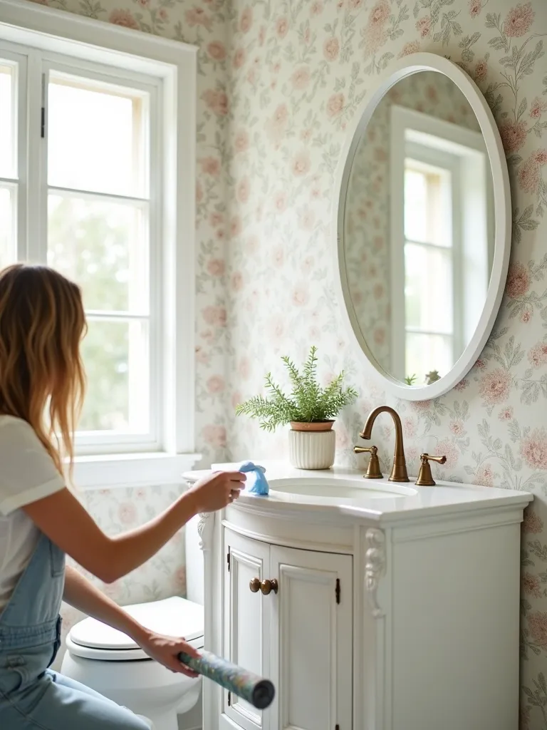 Woman installing peel and stick vintage floral wallpaper in a modern bathroom behind the vanity