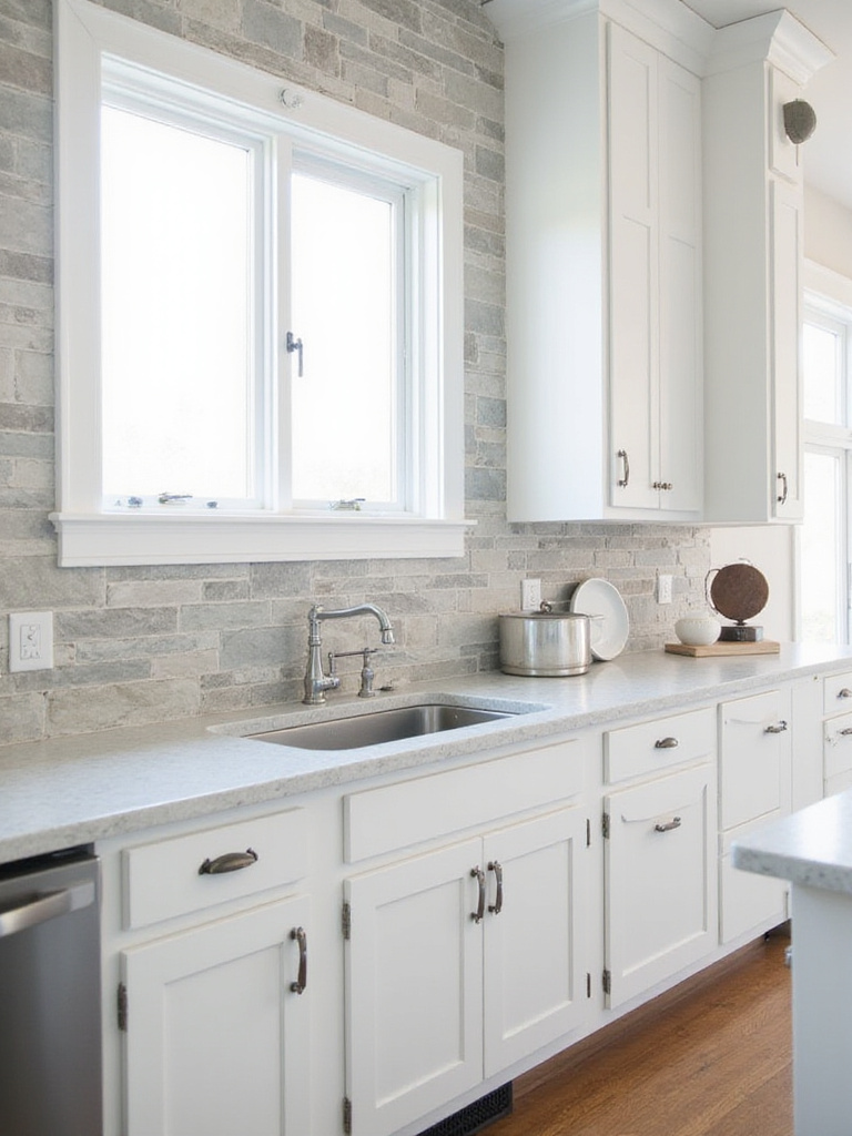 Rustic farmhouse kitchen with light grey slate natural stone backsplash.