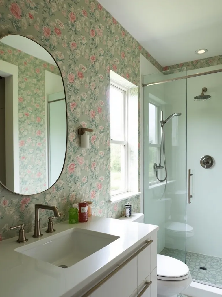 Eclectic bathroom design with vintage floral wallpaper and modern floating vanity.