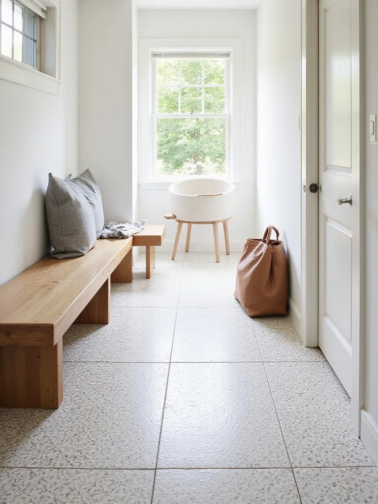 Mudroom with patterned porcelain floor tiles in a geometric Moroccan-inspired design