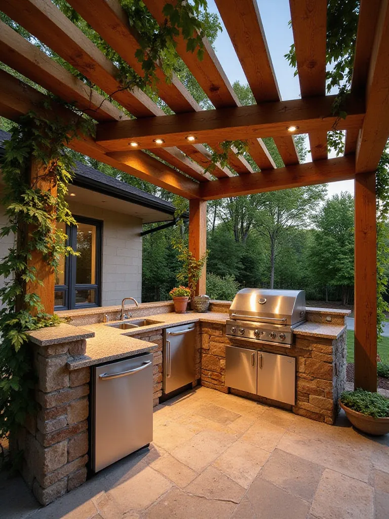 Outdoor kitchen under a cedar pergola with stainless steel appliances and granite countertops.