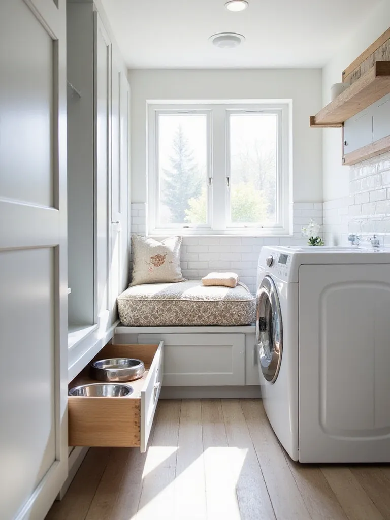 Laundry room design featuring a built-in dog bed and pull-out feeding station under the cabinets.