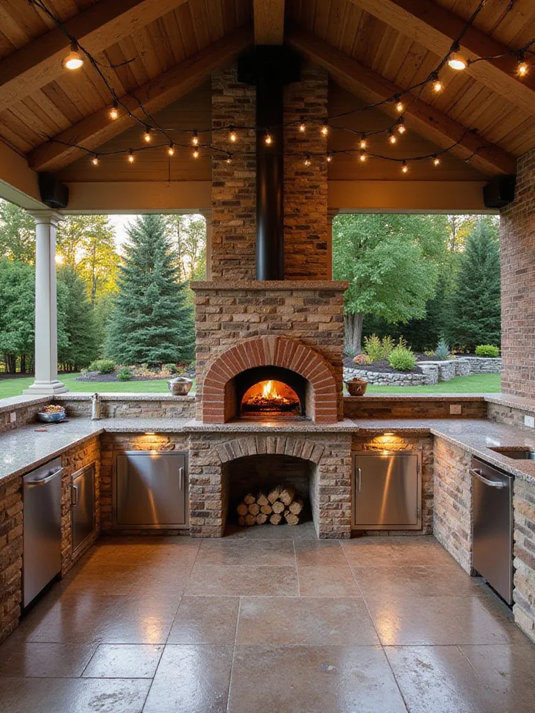Outdoor kitchen with a custom-built wood-fired pizza oven.