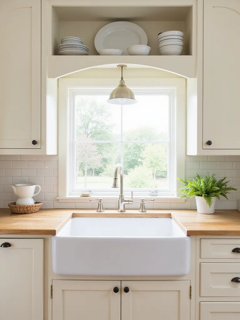 Farmhouse kitchen cabinets featuring an integrated plate rack above the sink.