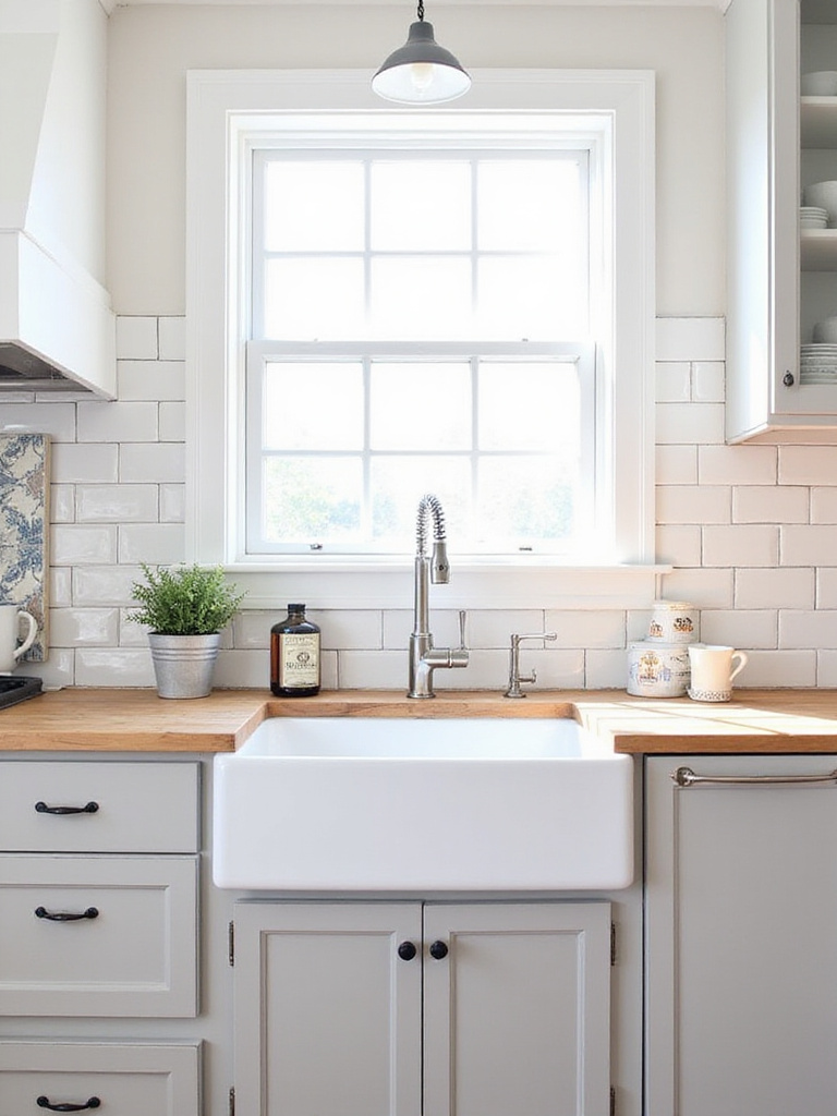 Farmhouse kitchen backsplash featuring playful patterned encaustic tiles behind the stove.