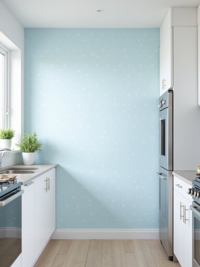 Light blue kitchen wallpaper with white polka dots adds a playful touch to this modern kitchen.