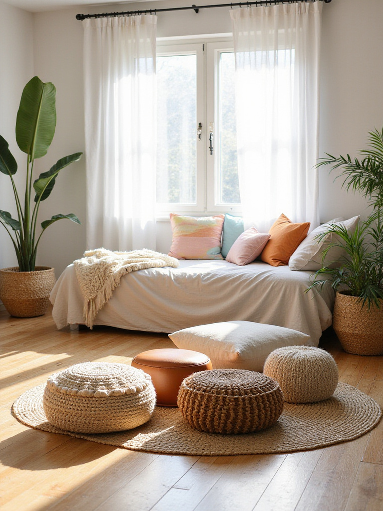 Boho bedroom with plush floor poufs and ottomans for relaxed seating