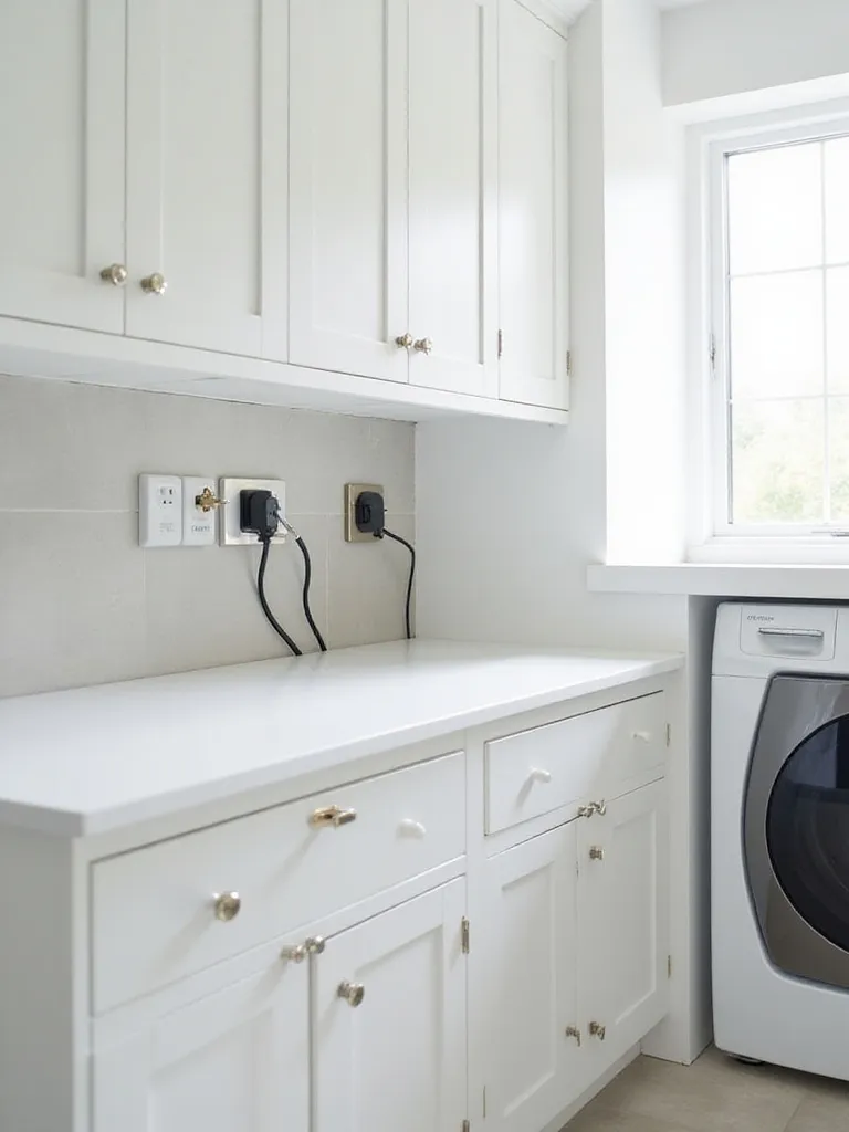 Modern laundry room with ample electrical outlets for appliances and gadgets.
