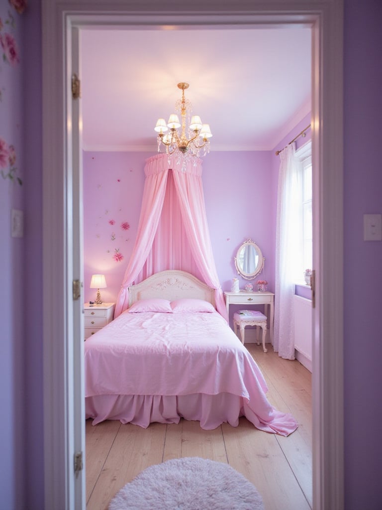 Princess-themed bedroom with canopy bed and pastel colors