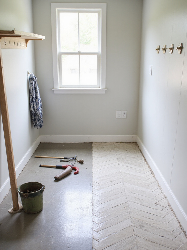 Mudroom floor showing the contrast between professionally installed herringbone tile and unfinished concrete, representing the choice between professional installation and DIY.