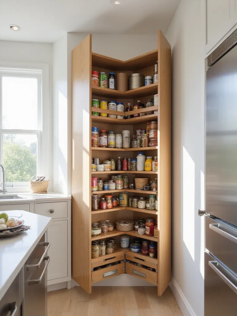 Pull-out pantry cabinet in a modern kitchen showcasing organized and accessible food storage