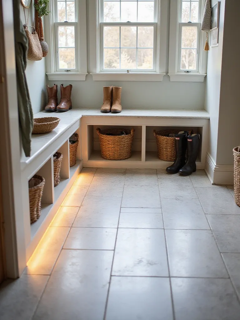 Mudroom with radiant heated tile flooring providing warmth and comfort.