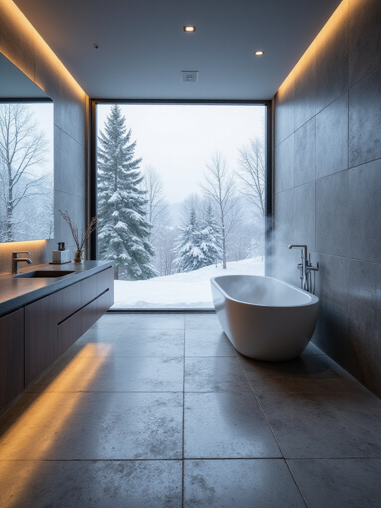Luxury modern bathroom with grey stone tile floor and radiant heating system