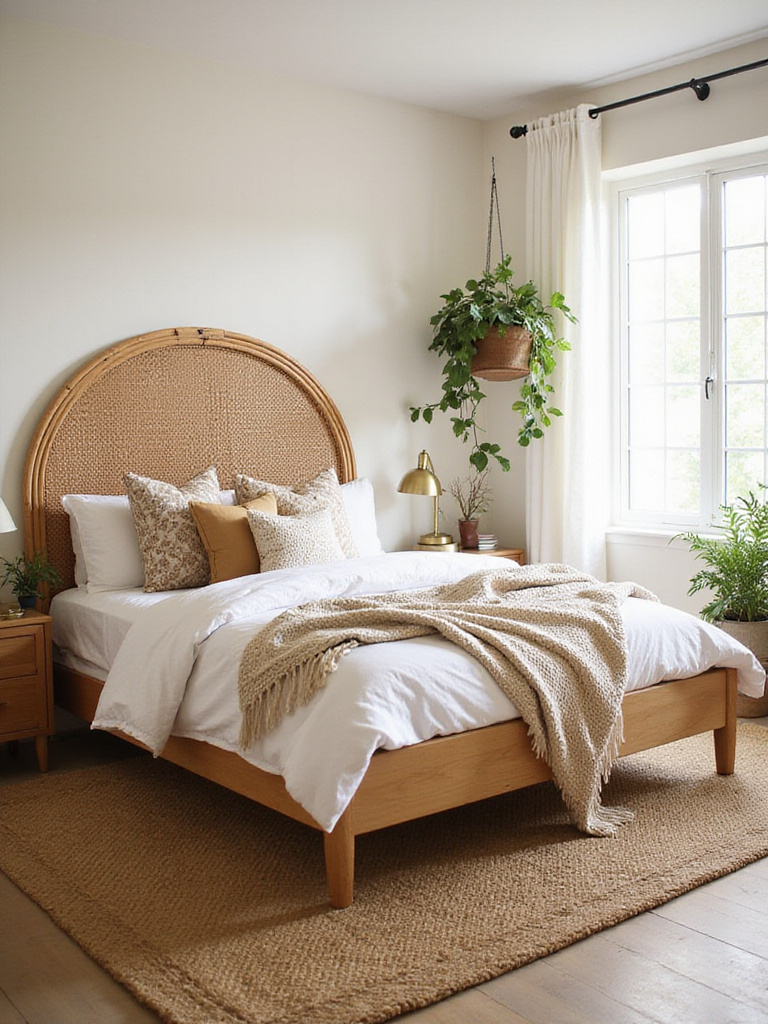 Boho bedroom featuring a rattan headboard platform bed with linen bedding and natural textures.