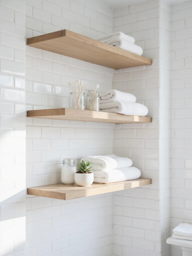 Small bathroom with light wood floating shelves maximizing vertical storage space for towels and toiletries