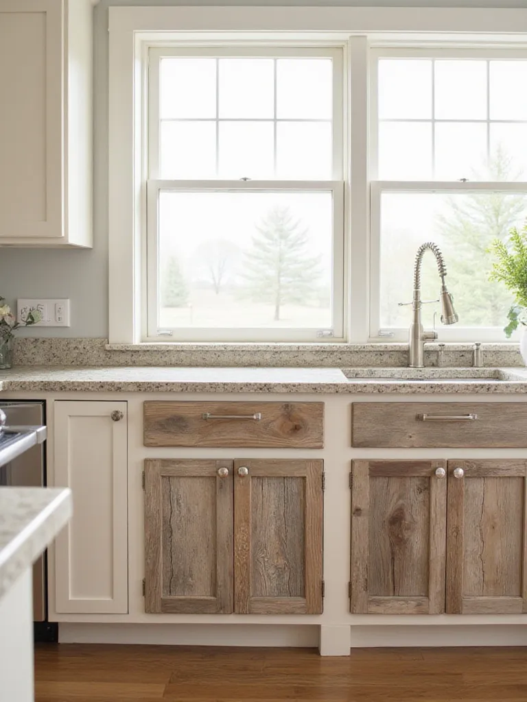 Farmhouse kitchen cabinets with reclaimed wood door fronts and light cream paint.
