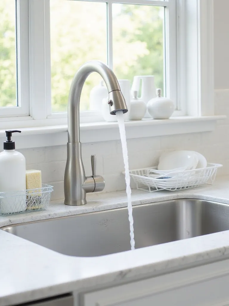 Modern kitchen sink area with new faucet, organized accessories, and natural light.
