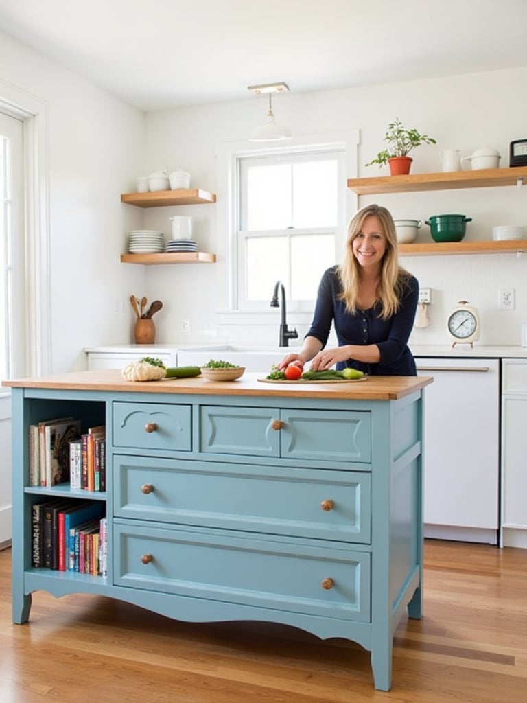 Repurposed vintage dresser kitchen island in a small kitchen