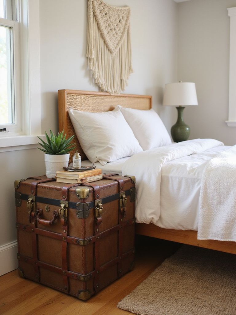 Vintage steamer trunk repurposed as a boho bedroom side table
