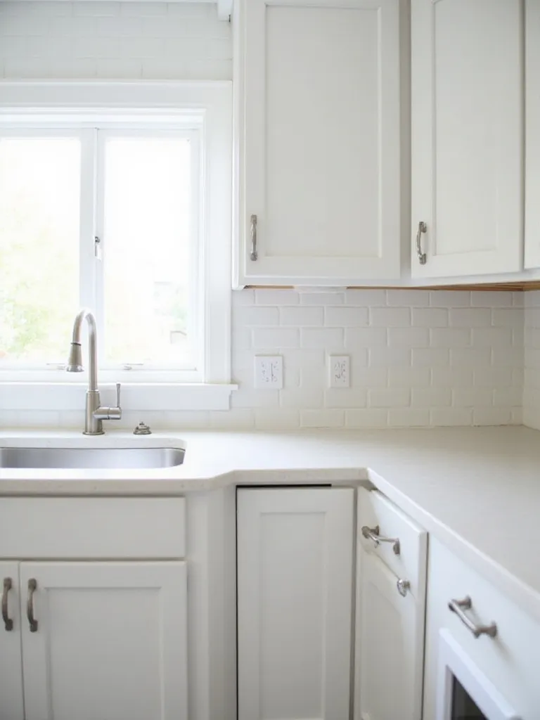 Newly painted white kitchen cabinets with brushed nickel hardware.