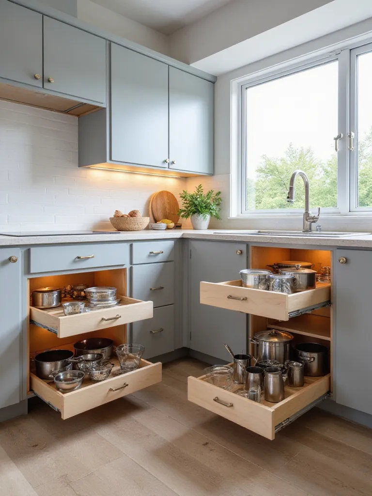 Kitchen cabinets with roll-out trays and drawers for easy access and organized storage.