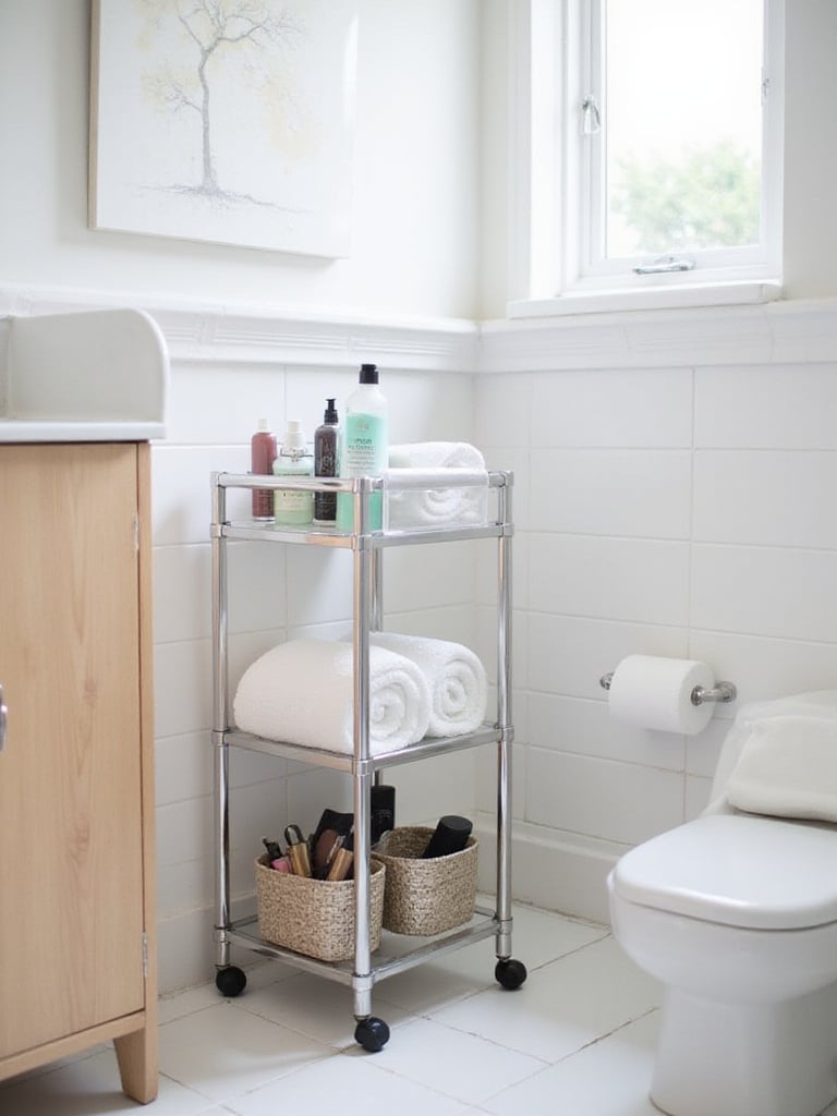 Slim rolling cart for bathroom storage between toilet and vanity, filled with organized toiletries.