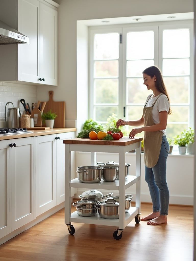 Rolling kitchen cart island providing flexible workspace and storage in a small kitchen.