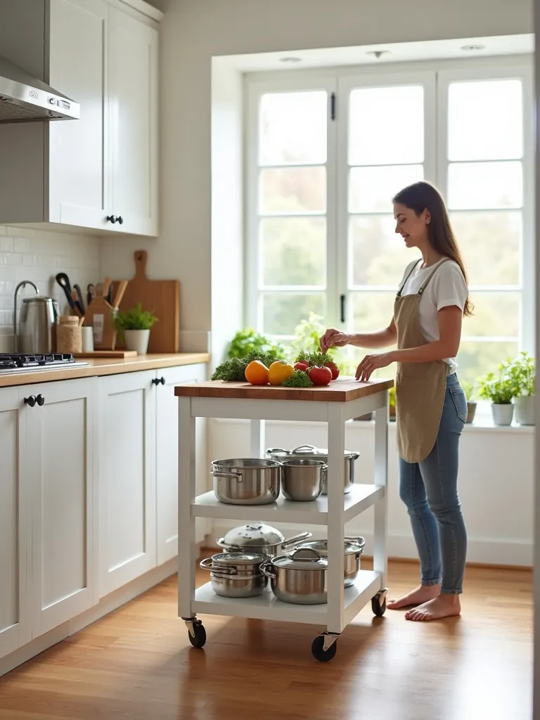 Rolling kitchen cart island providing flexible workspace and storage in a small kitchen.