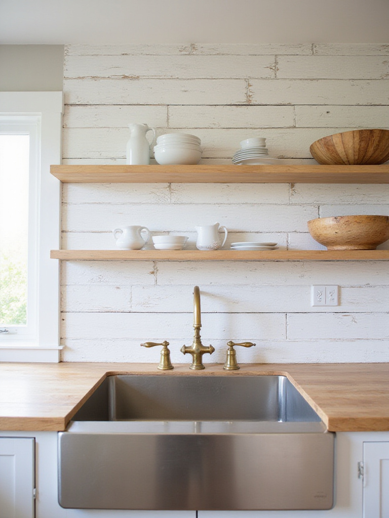 Rustic white shiplap backsplash in farmhouse kitchen