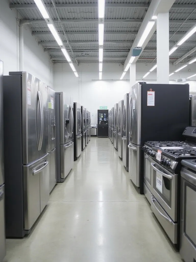 Appliance store aisle showcasing discounted refrigerators, dishwashers, and ovens.
