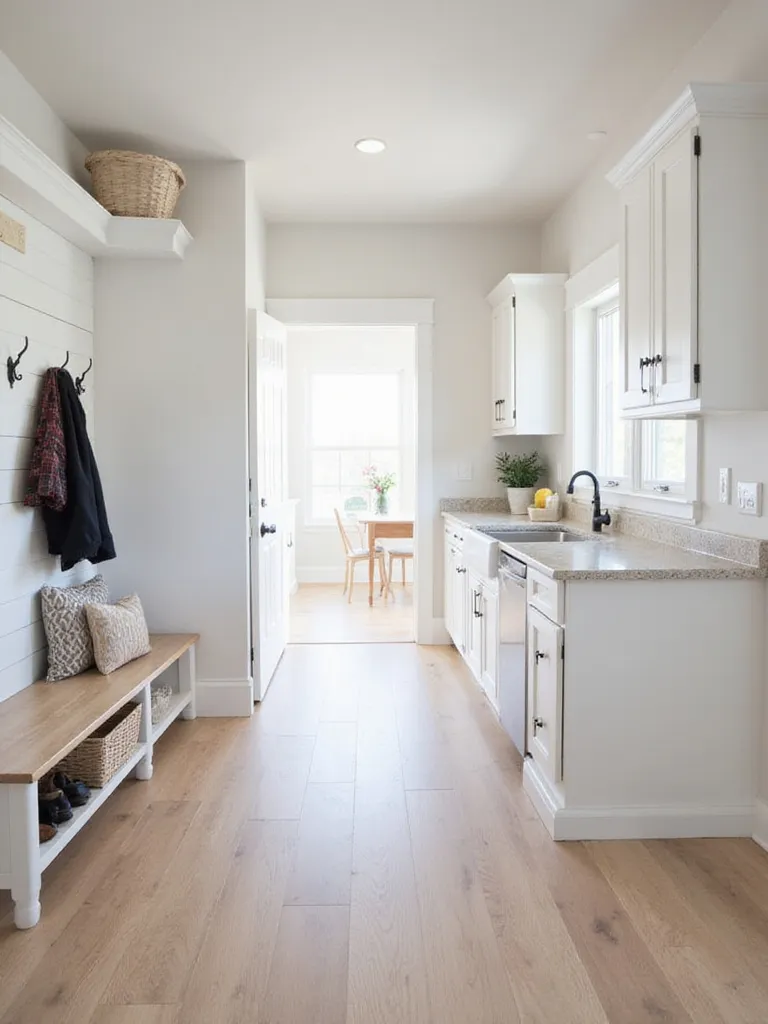 Farmhouse style mudroom with light wood-look vinyl flooring connecting to a white kitchen.