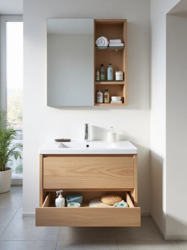 Small bathroom with floating vanity and hidden storage including a hidden medicine cabinet and toe-kick drawer.