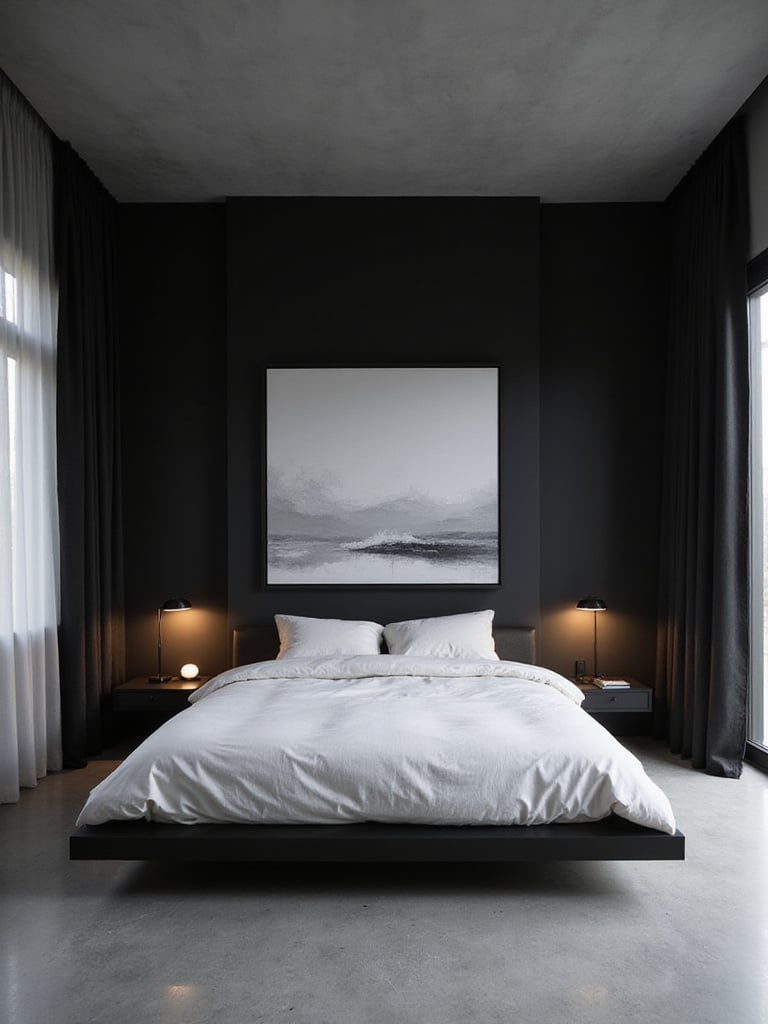 Minimalist black bedroom with platform bed, white linens, and abstract art.