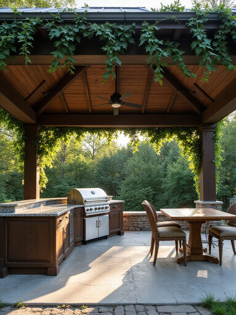 Luxurious outdoor kitchen under a shaded pavilion with climbing ivy.