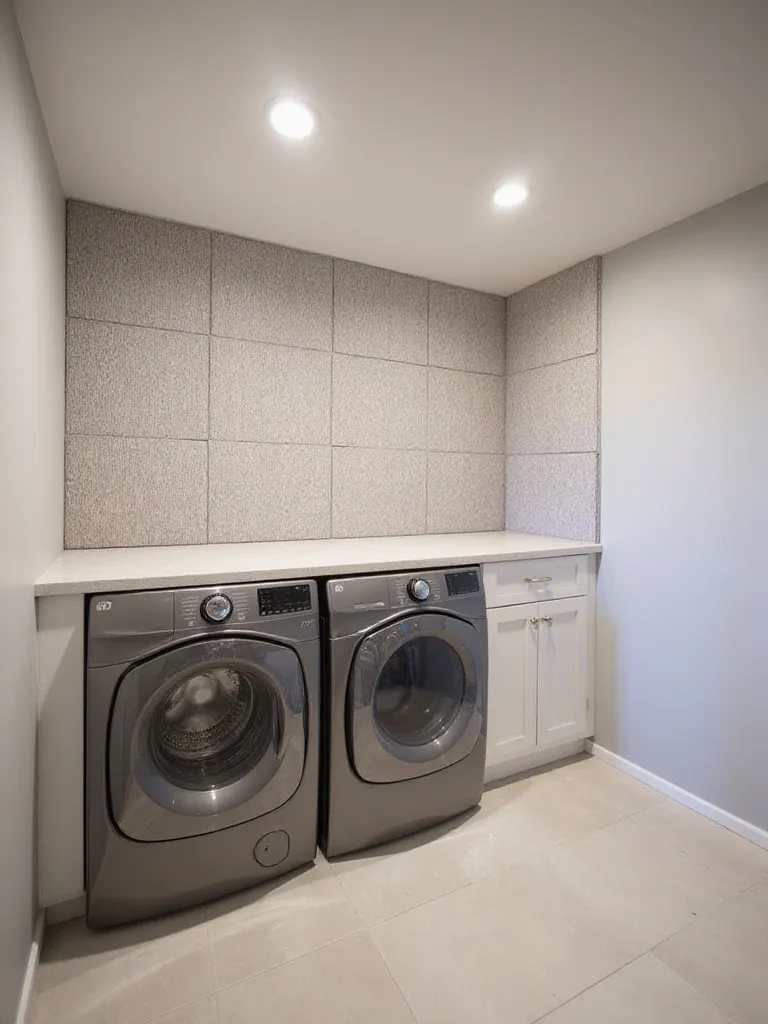 Modern laundry room featuring acoustic panel wall for soundproofing