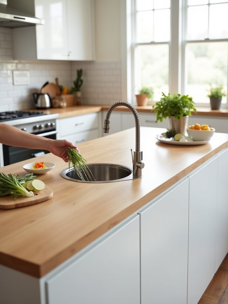 Small kitchen island with a built-in prep sink for efficient food preparation.