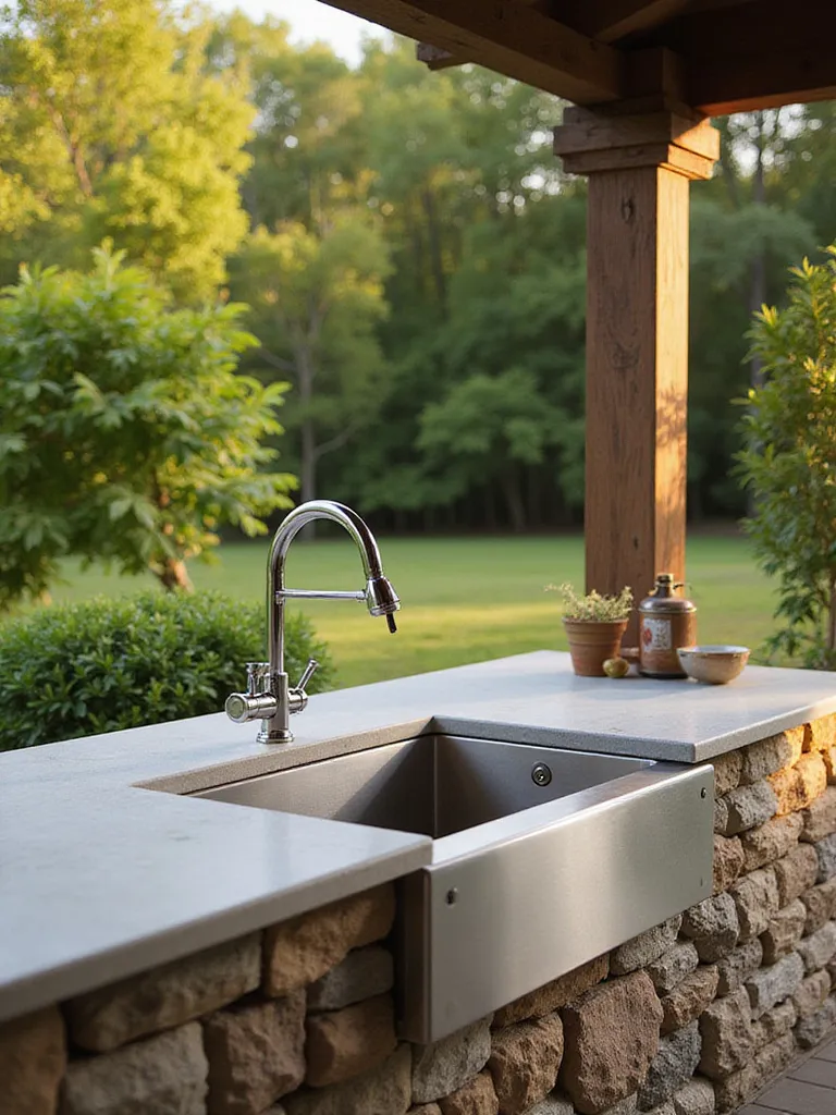 Outdoor kitchen with stainless steel sink and stone countertop