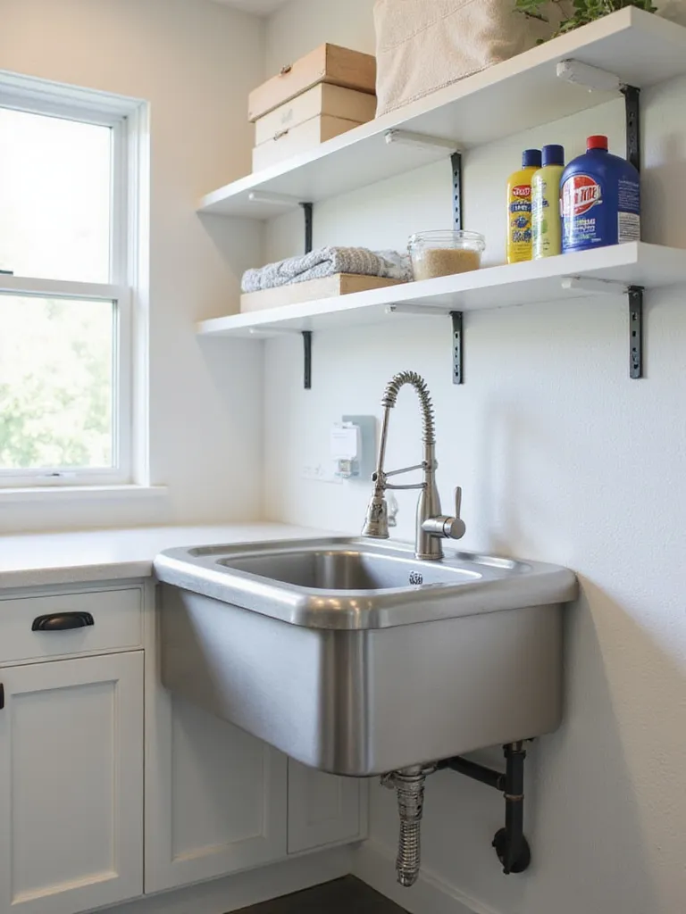 Modern laundry room with stainless steel utility sink and organized laundry supplies.
