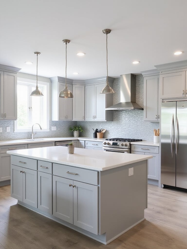 Modern kitchen with light gray cabinets, stainless steel appliances, and silver accents.