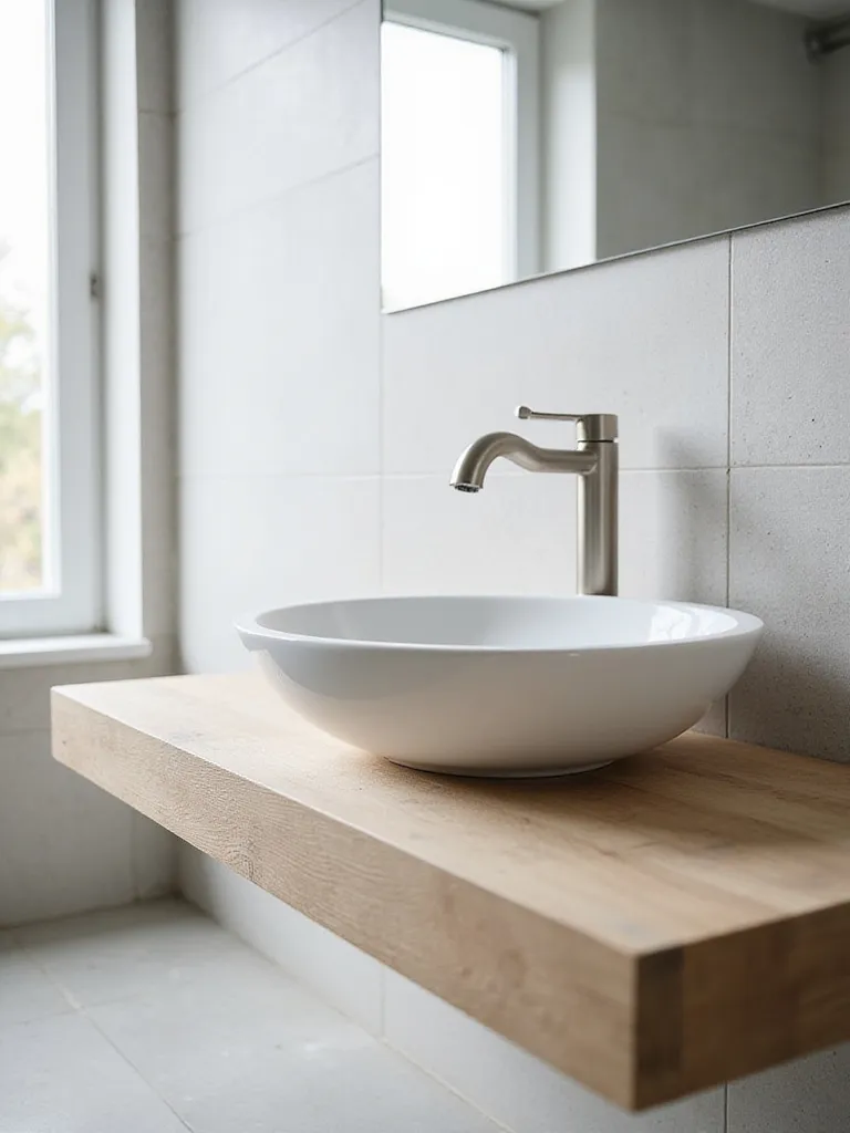 Modern bathroom with a sleek white vessel sink and light oak floating vanity.