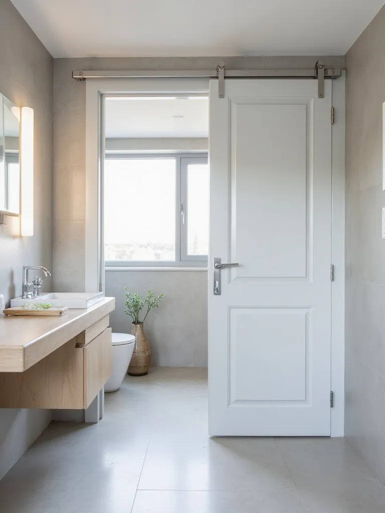 Small bathroom featuring a space-saving grey pocket door.