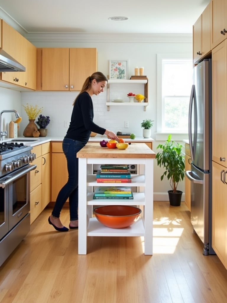Narrow kitchen island with butcher block countertop maximizing walkway space in a small kitchen.