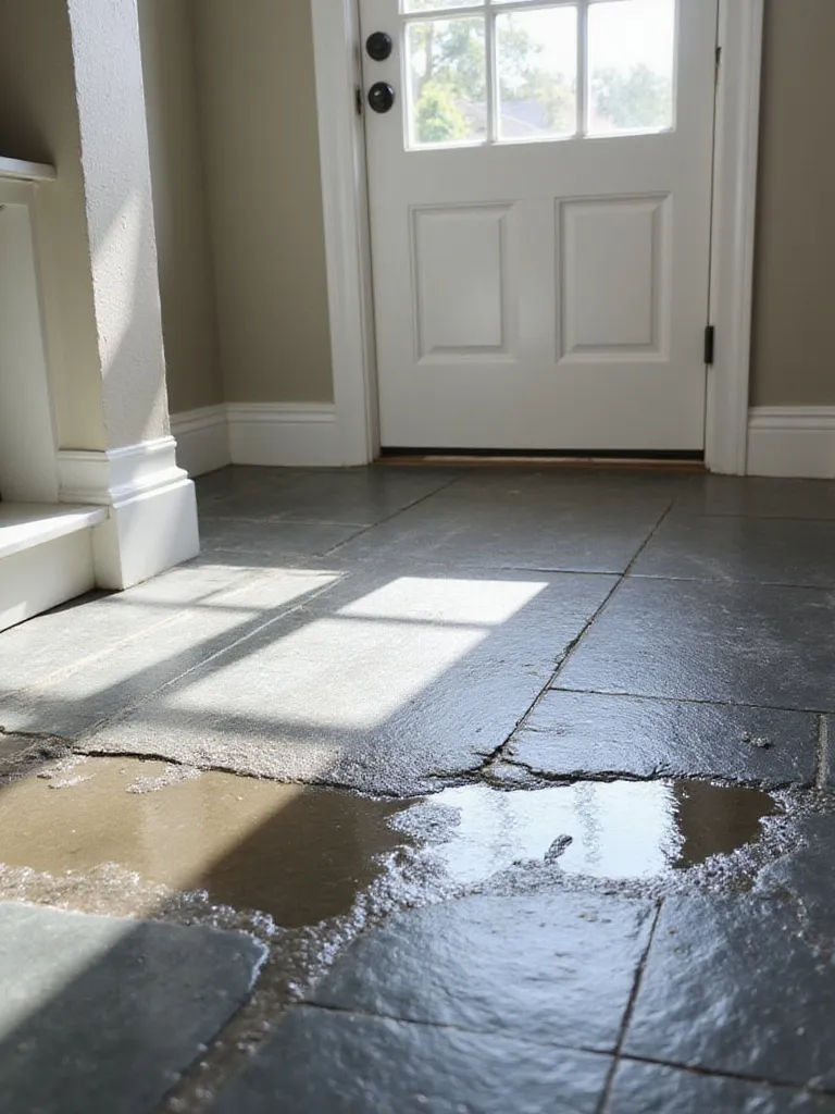 Textured slate mudroom flooring resisting slips even when wet.