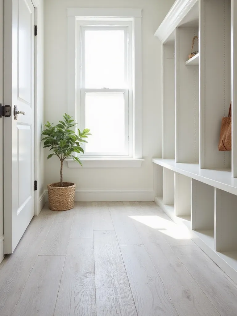 Budget-friendly vinyl plank flooring in a well-organized mudroom.