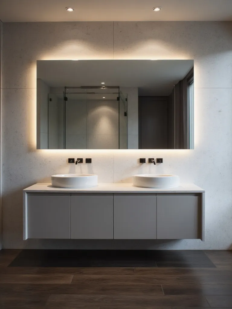 Modern luxury bathroom with a smart mirror featuring integrated lighting and defogger above a floating vanity.