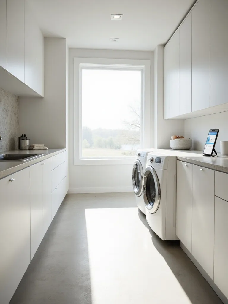 Modern laundry room with smart washing machine and dryer controlled by smartphone app.