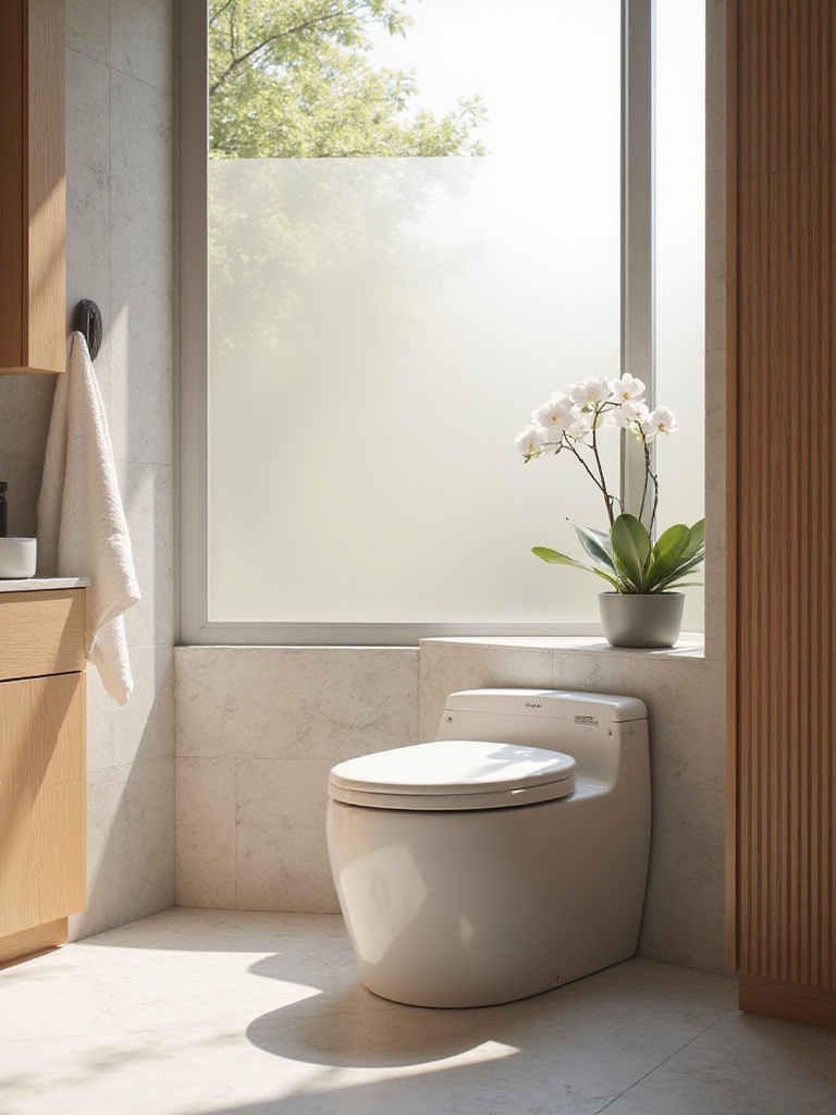 Modern luxury bathroom featuring a sleek, white smart toilet with bidet features.